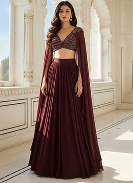 Maroon Georgette Sequins Hand Embroidered A Line Lehenga