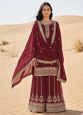Maroon Georgette Zari Embroidered Sequins Gorgeous Palazzo Suit