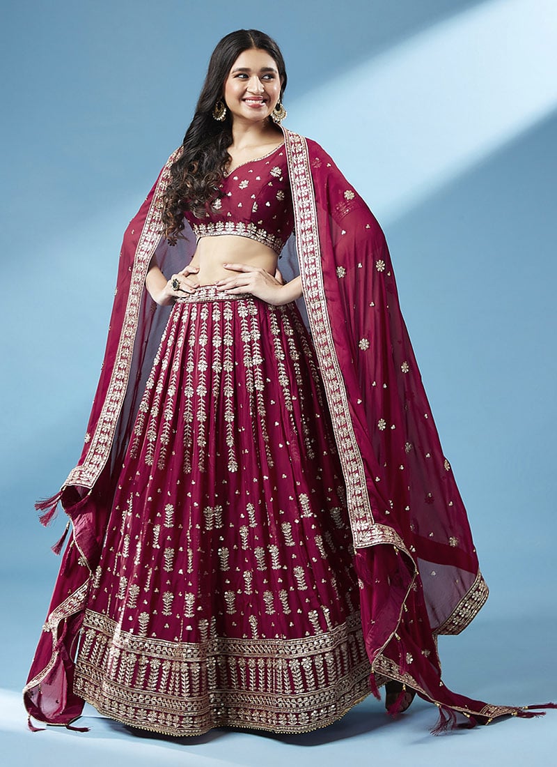 Maroon Georgette Zari Embroidered Umbrella Lehenga Party Wear