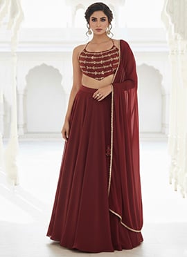 Maroon Georgette Zari Sequins Hand Embroidered A Line Lehenga