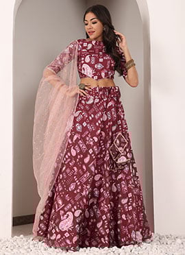 Maroon Kota Silk Digital Printed Boat Neck Lehenga