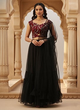 Teen Girls Maroon N Black Sweetheart Neck Umbrella Lehenga