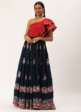 Maroon N Blue Sequins Georgette Gown