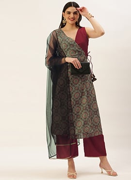 Maroon N Grey Printed Art Silk Anarkali Set