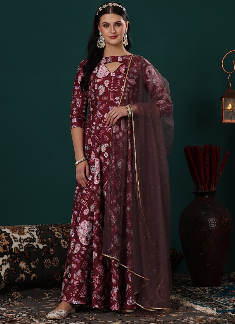 Maroon N Peach Printed Kota Silk Anarkali Suit Festive Wear