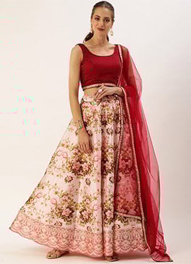 Maroon N Pink Printed Kali Lehenga