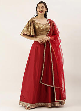 Maroon N Sequins Bell Sleeve Lehenga Set