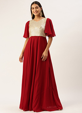 Maroon N Silver Sequins Embroidered Georgette Gown