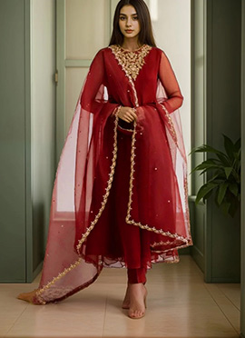 Reddish Maroon Organza Zari Hand Embroidered Anarkali Suit