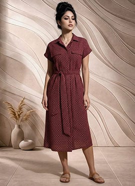 Maroon Printed Cotton Belted Midi Dress