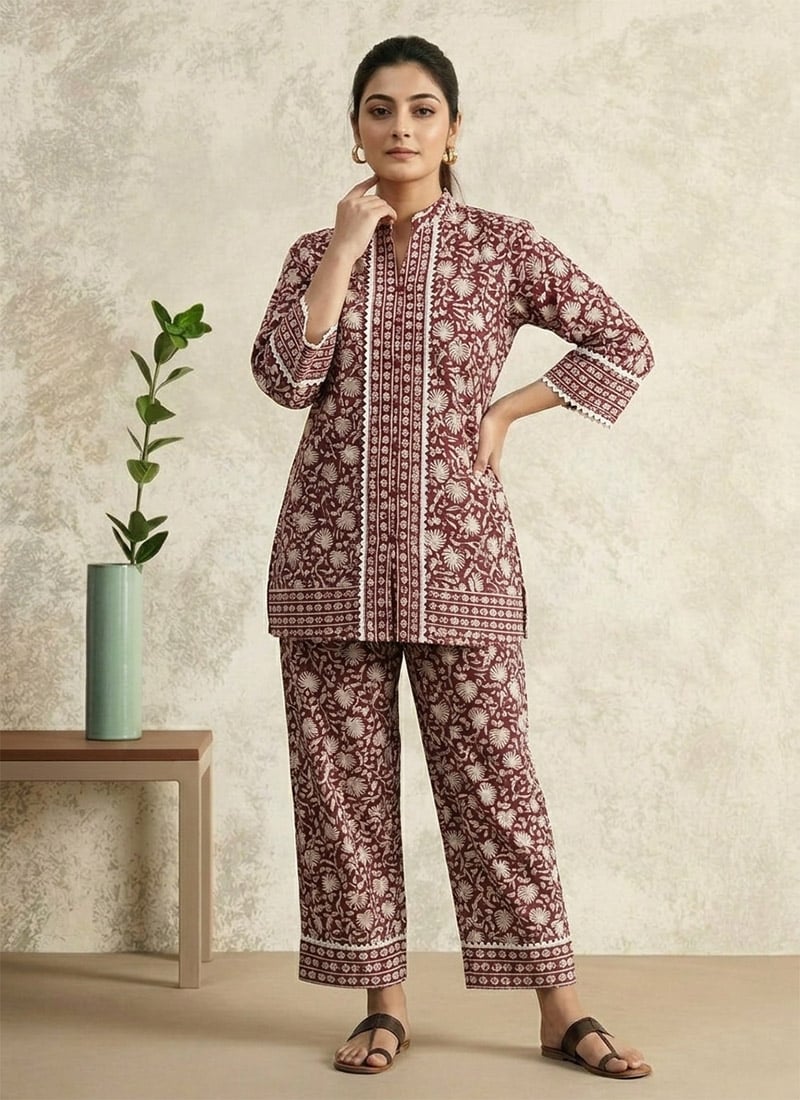 Maroon Printed Cotton Co Ord Pant Set After Six Wear