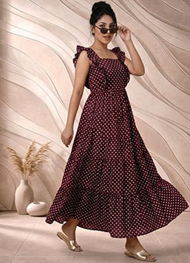 Maroon Printed Cotton Maxi Dress
