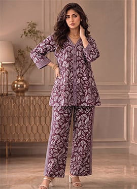 Maroon Printed Cotton Peplum Top Palazzo Set