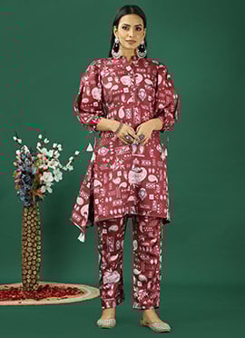 Teen Girls Maroon Printed Kota Silk Kurta Straight Pant Set