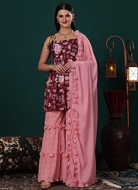Teen Girls Maroon Printed Kota Silk N Pink Georgette Gharara Set