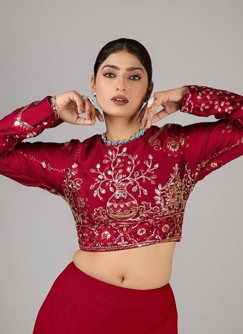 Maroon Rangoli Silk Embroidered Close Neck Blouse