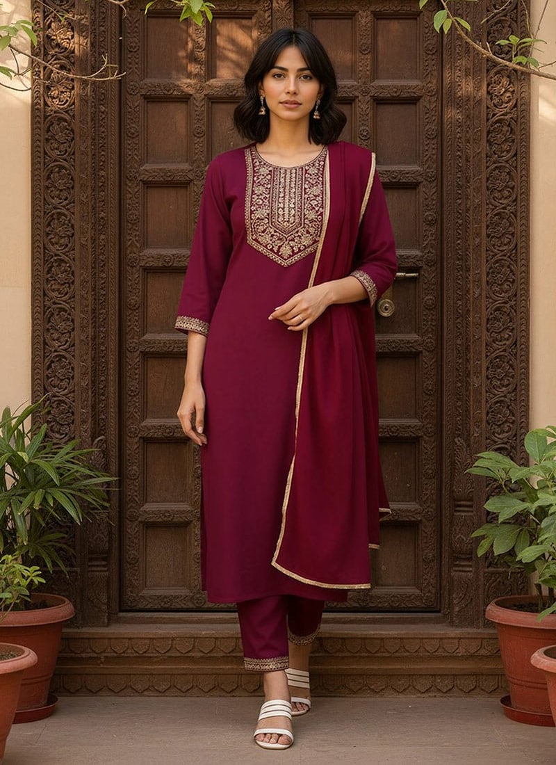 Maroon Rayon Embroidered Straight Pant Suit