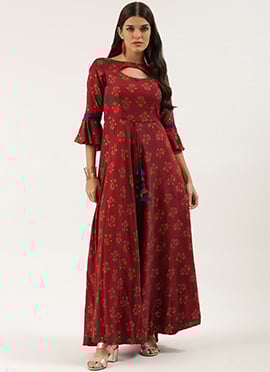 Teen Girls Maroon Rayon Printed Maxi Dress