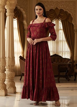 Teen Girls Maroon Rayon Printed Strap Neckline Dress