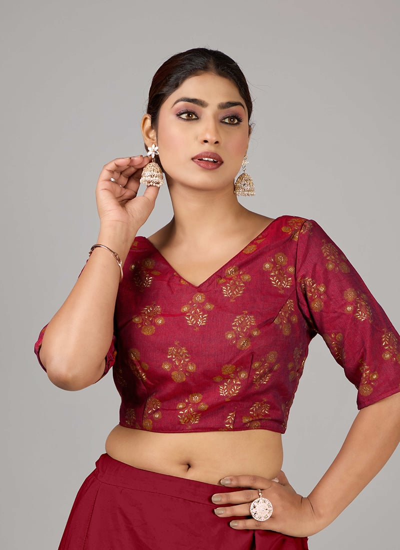 Maroon Rayon Printed V Neck Blouse Wedding Wear