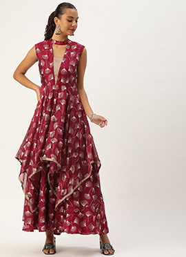 Maroon Satin Blend Foil Printed Dress
