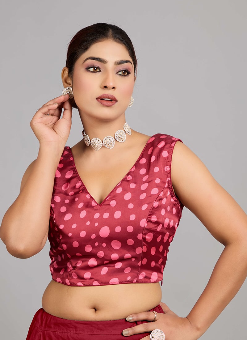 Maroon Satin Blend Printed Blouse Festive Wear