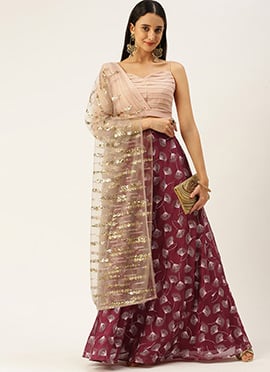 Maroon Satin N Pink Draped Style Lehenga