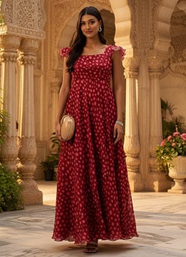 Teen Girls Maroon Satin Printed Bell Sleeve Gown