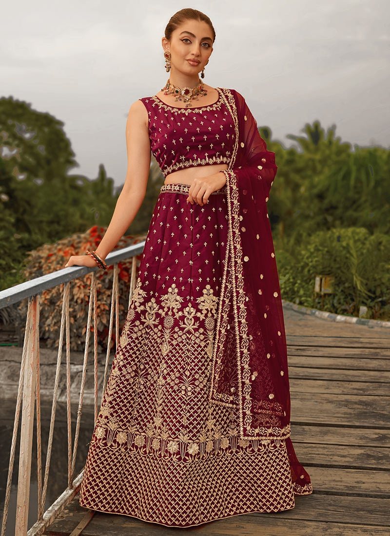 Maroon Satin Zari Embroidered Sequins Gorgeous Lehenga Wedding Wear