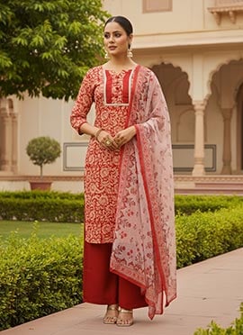 Maroon Semi Cotton Printed Wide Leg Pant Suit