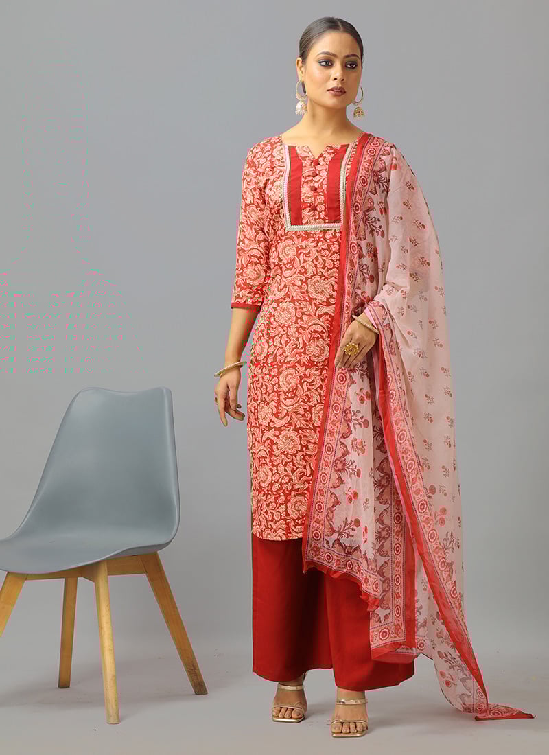 Teen Girls Maroon Semi Cotton Printed Wide Leg Pant Suit