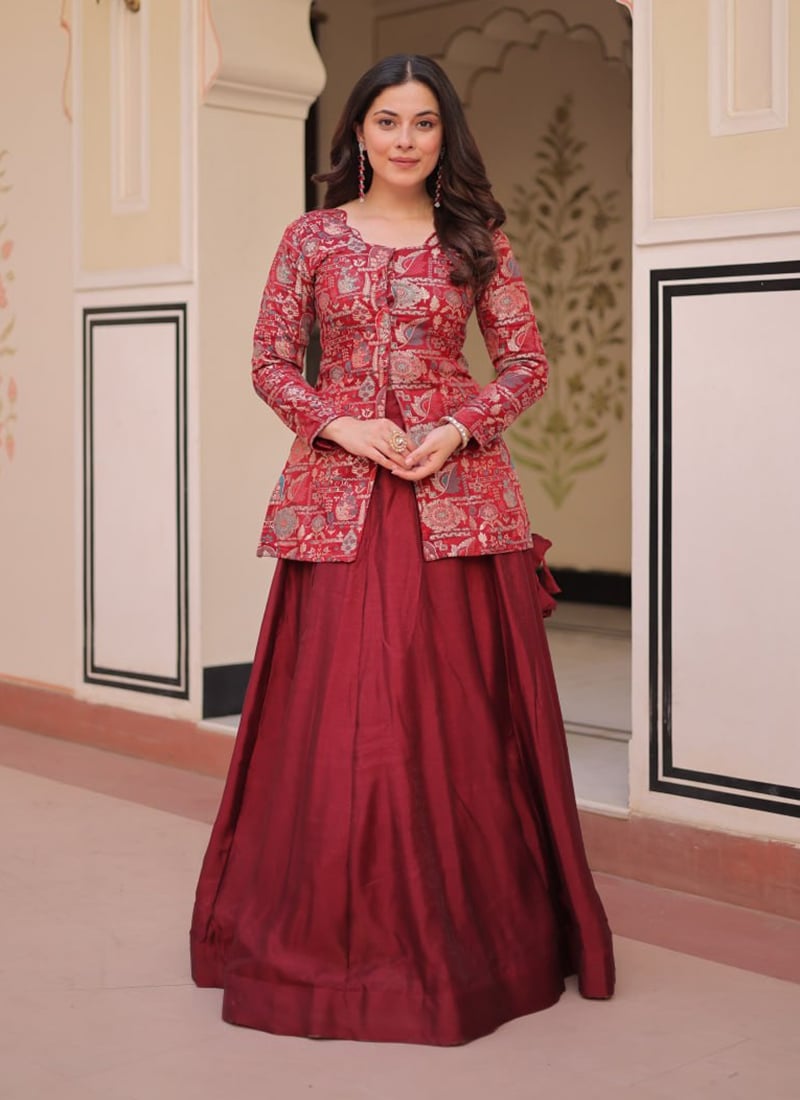 Maroon Shimmer Vichitra Jacquard Indowestern Skirt Set Festive Wear