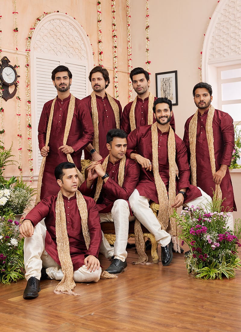 Maroon Silk Kurta Pyjama With Stole For Men Festive Wear-KPMSC3265