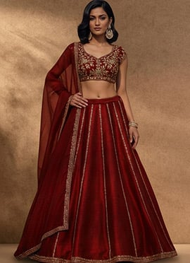 Maroon Silk Lehenga Set With Zari Sequins