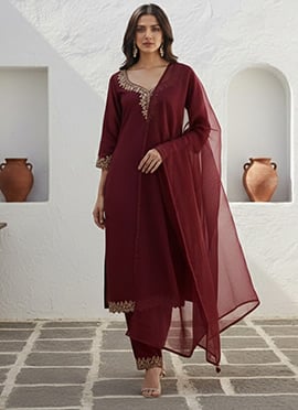 Maroon Silk Zari Sequins Straight Pant Suit