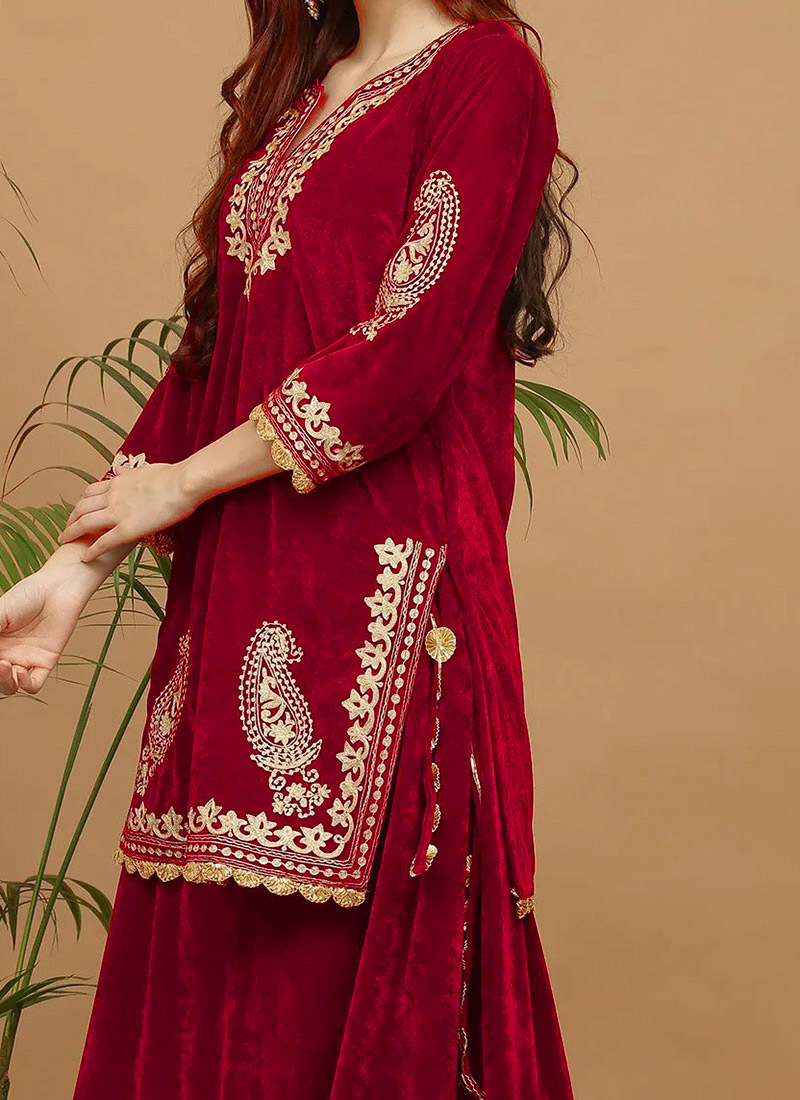 Buy Maroon Velvet Embroidered Kurta Skirt Set Work Wear, Embroidered