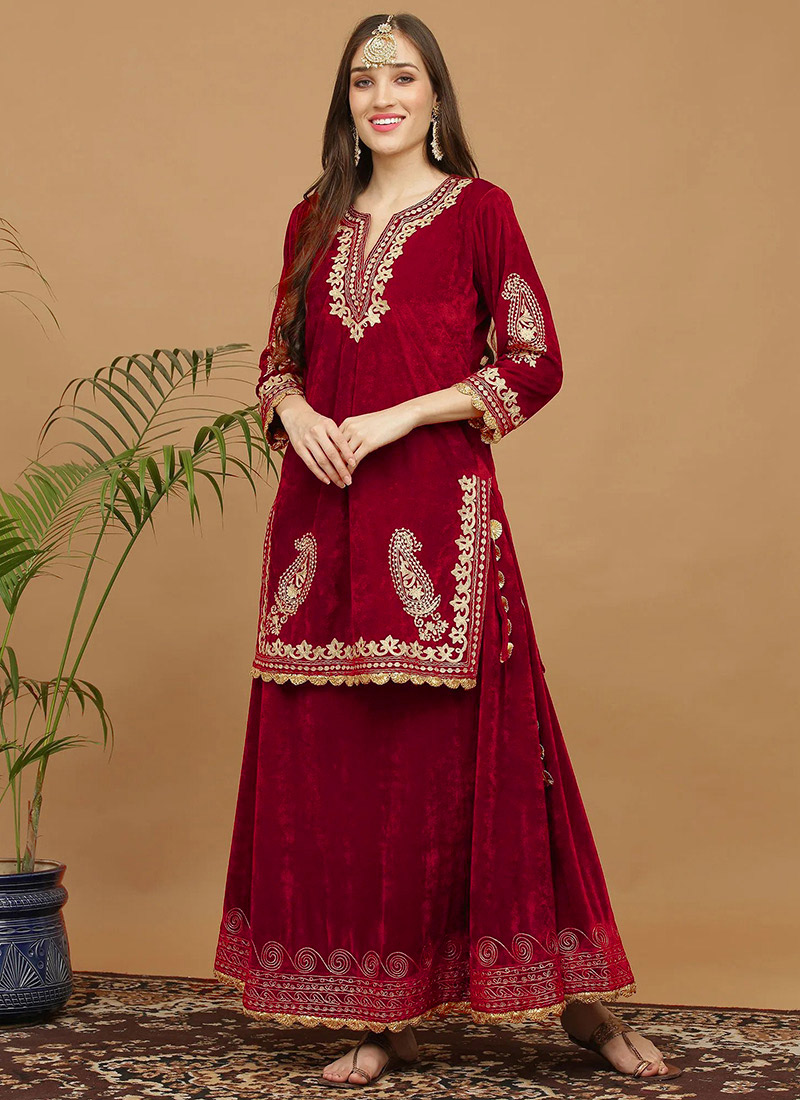 Buy Maroon Velvet Embroidered Kurta Skirt Set Work Wear, Embroidered