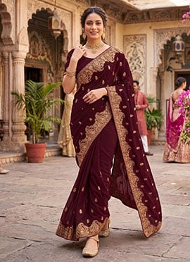 Maroon Vichitra Silk Zari Embroidery Saree