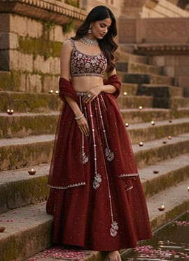 Maroon Vichitra Silk Zari Hand Embroidered Sequins Lehenga