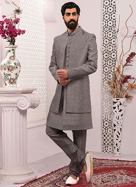 Mauve Art Banarasi Silk Embroidered Indowestern Sherwani