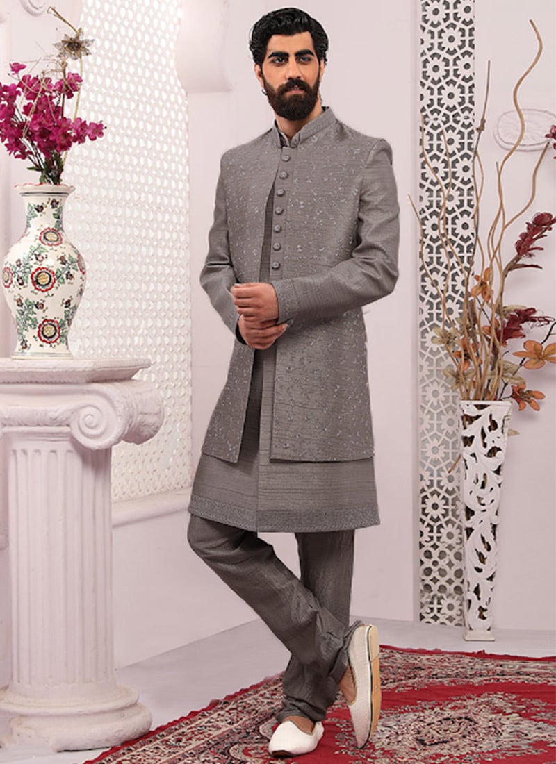 Mauve Art Banarasi Silk Embroidered Indowestern Sherwani Party Wear