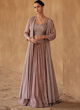 Mauve Chinon Mirror Indowestern Sets And Suits