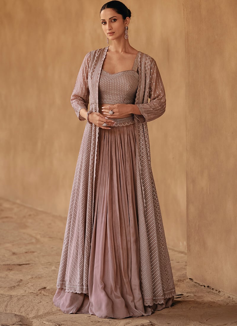 Mauve Chinon Mirror Indowestern Sets And Suits Party Wear