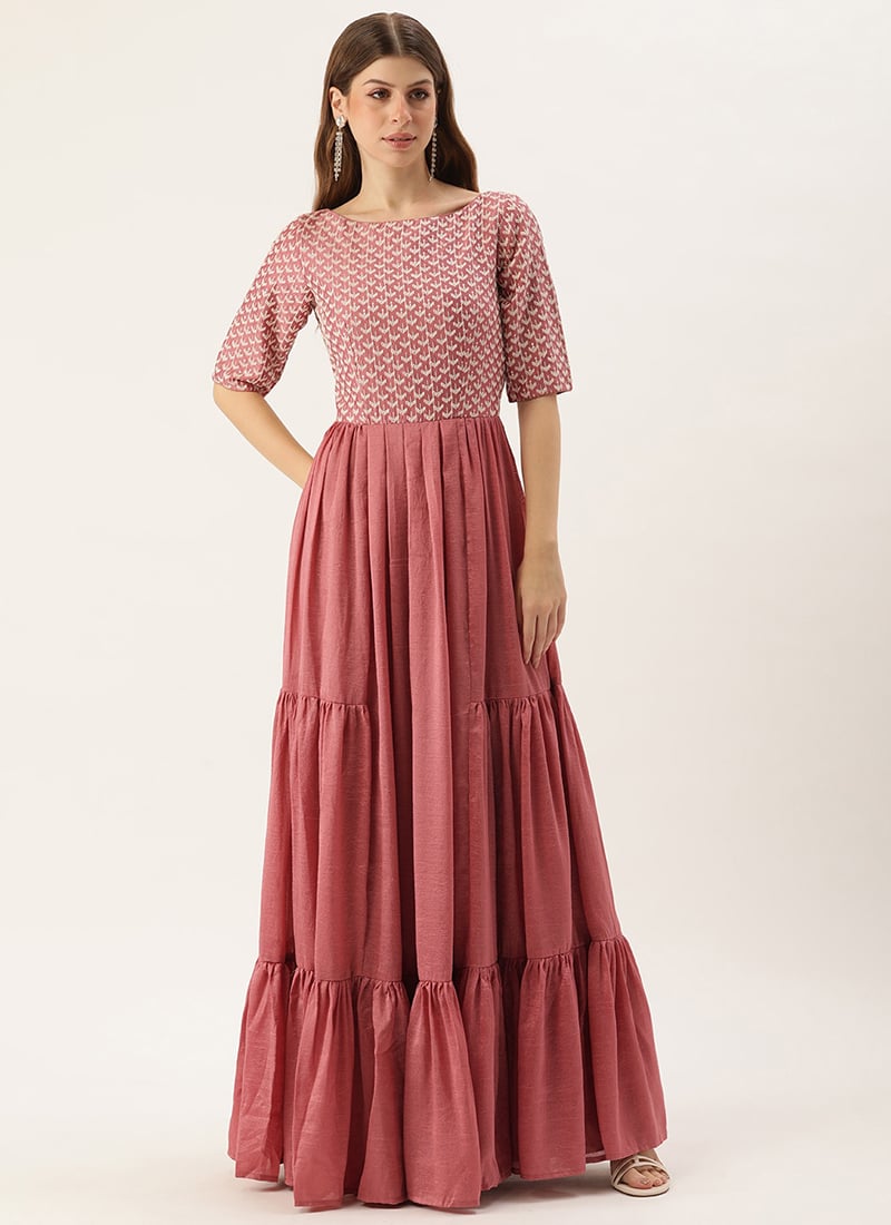 Mauve Embroidered Art Silk Tiered Gown Festive Wear