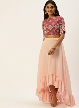 Mauve Embroidered N Peach Crop Top N Skirt