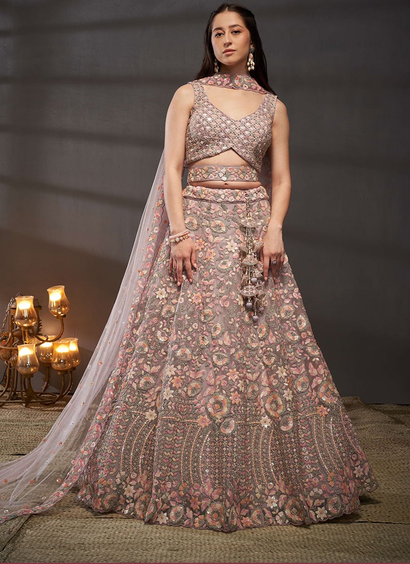 Mauve Embroidered Net Umbrella Lehenga Wedding Wear