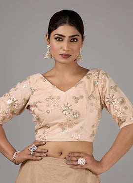 Mauve Embroidered Net V Neck Blouse