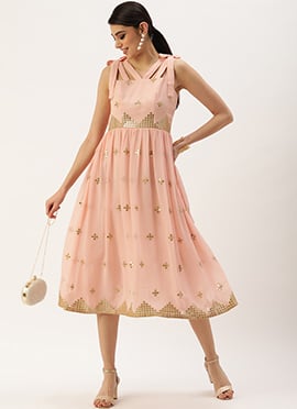 Mauve Embroidered Strap Neck Dress