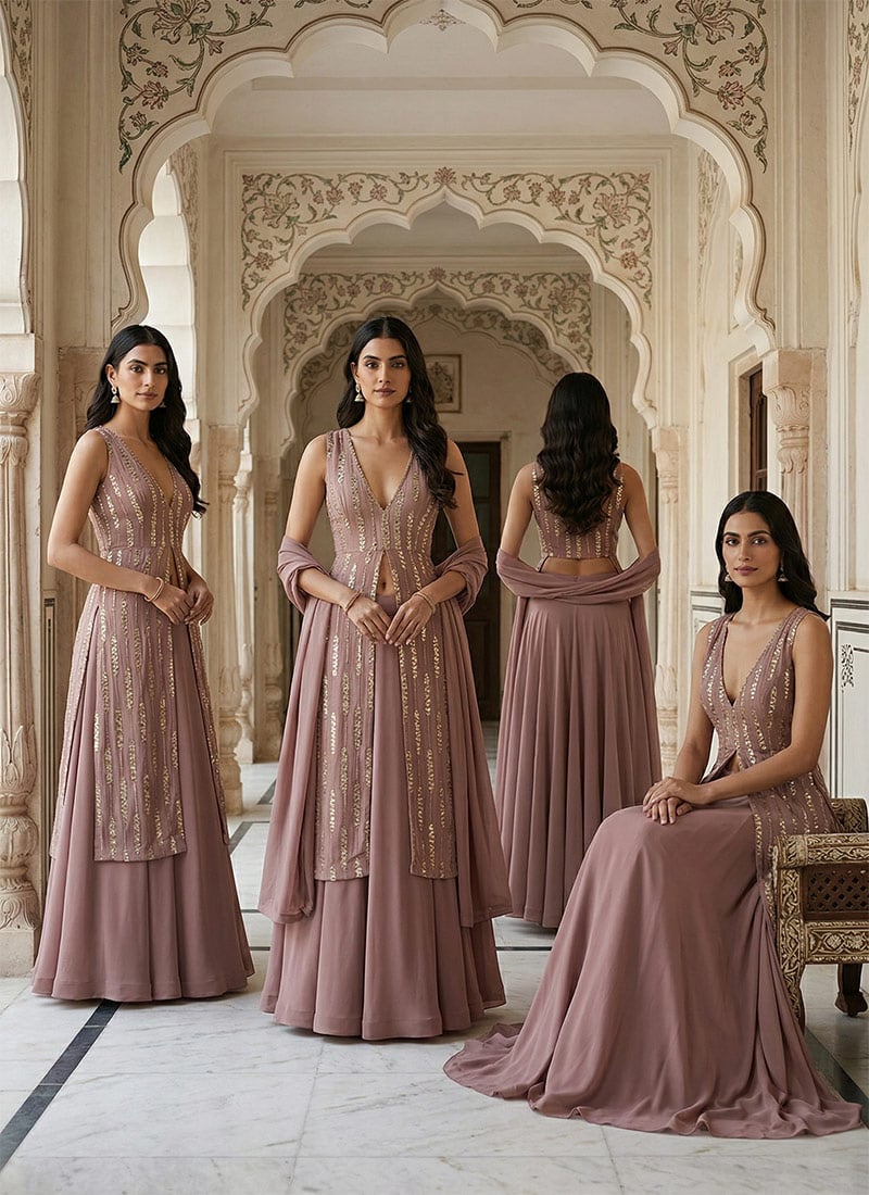 Mauve Georgette Embroidered Sequins A Line Lehenga Wedding Wear
