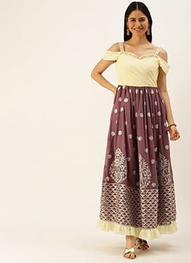 Mauve N Off White Draped Yoke Style Gown